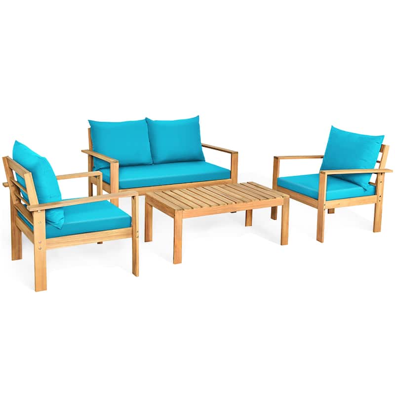 Outdoor 4 Piece Acacia Wood Chat Set Conversation Sofa and Table Set - Turquoise