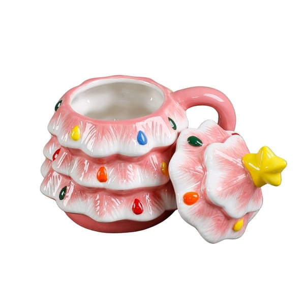 slide 2 of 6, 18 OZ Pink Xmas Tree Ceramic Mug with Lid