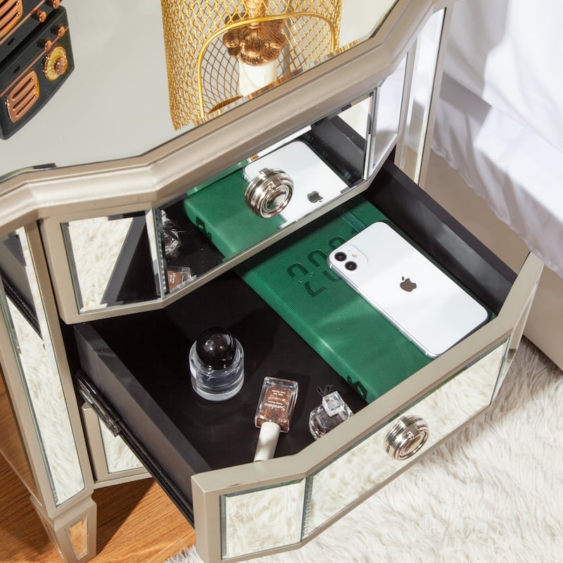 Accent Mirror Glass 3 Drawers Vintage Nightstand End Table