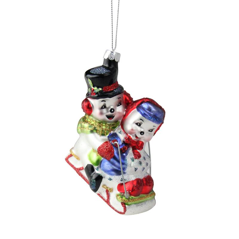 4.5" White Red Cheerful Sledding Snowmen Couple Glass Ornament