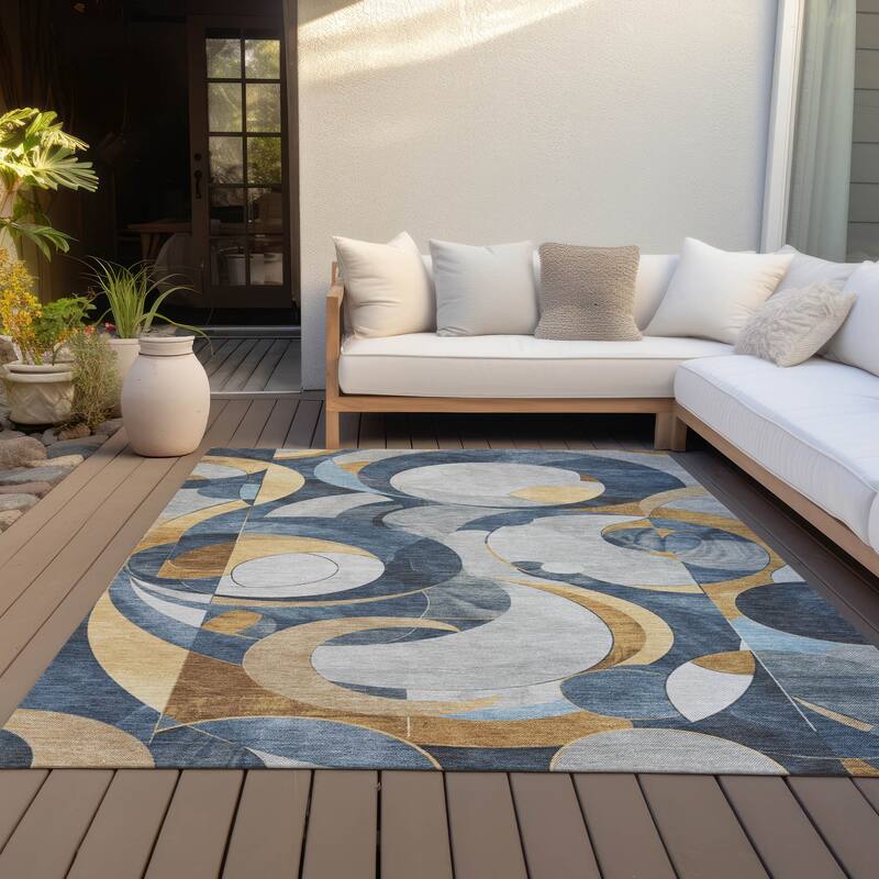 Machine Washable Indoor/Outdoor Geometric Flair Chantille Rug - Blue - 3' x 5'
