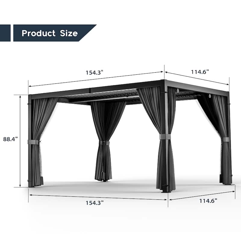10 ft. x 13 ft. Aluminum Louvered Pergola with Adjustable Roof and Curtains
