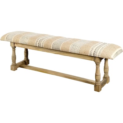 Jute Upholstered Entryway Accent Bench Brown Solid Mango Wood Geometric Pattern - 14” D x 59” W x 19” H