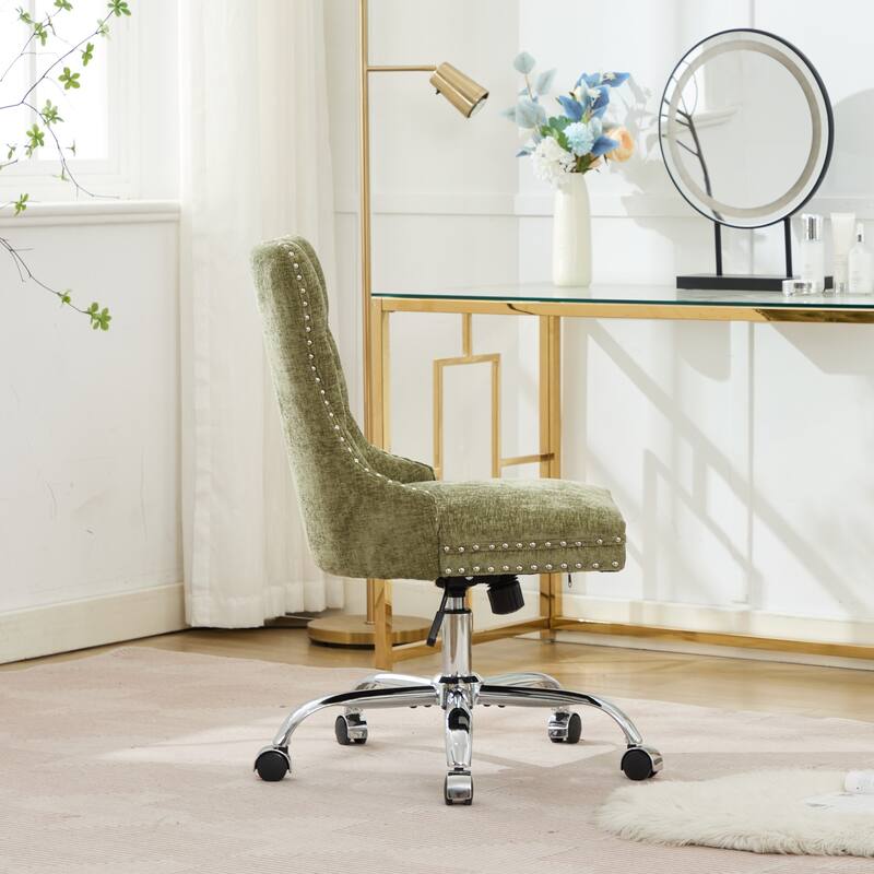 Chenille Upholstered Swivel Office Chair, Tufted Button Home Office Chair, Adjustable Vanity Chair with Metal Base