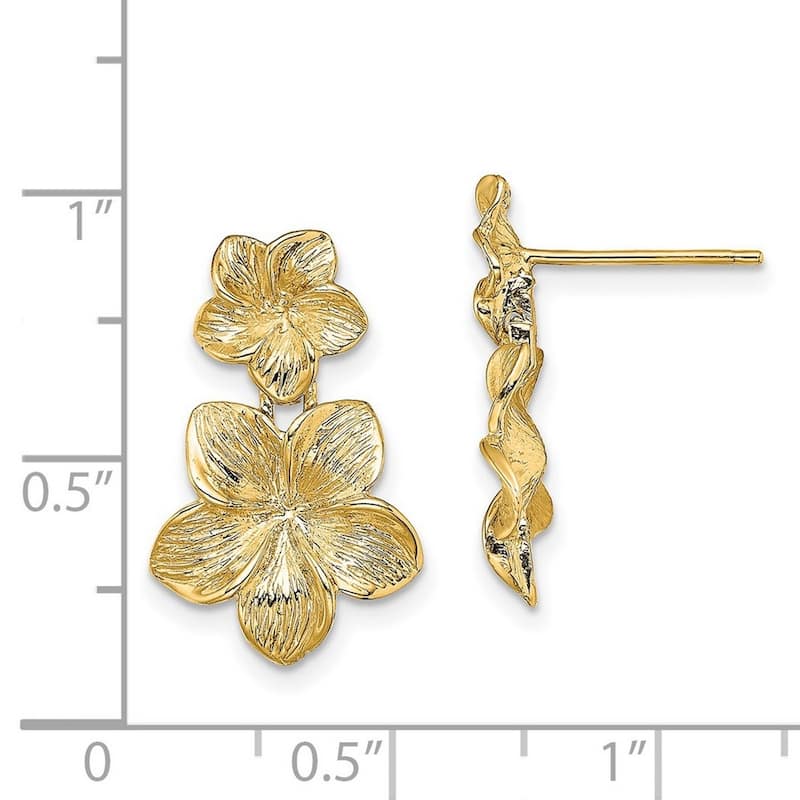 Curata 14k Yellow Gold Double Plumeria Flower Drop Post Earrings 20x12.7mm