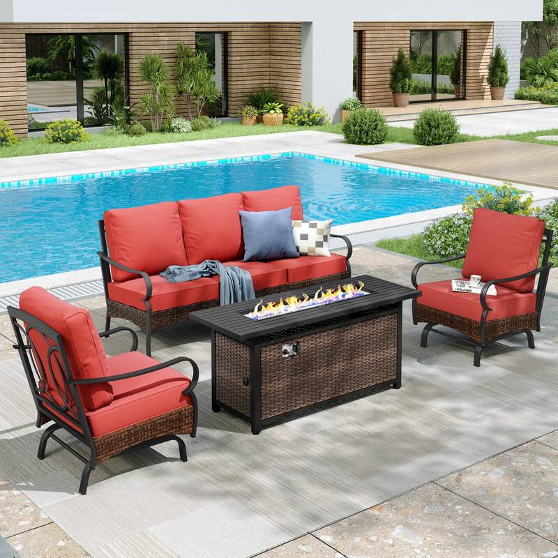 MAISON ARTS Patio Furniture Set with 56" Fire Pit Table, Deep Seating Sofa & Swivel, Rocking, and Fixed Chairs (5 Seats, Beige) - Rocking Chair - Red
