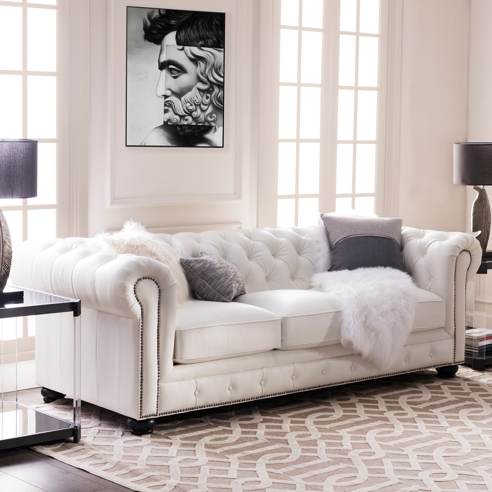 Copper Grove Kasama Chesterfield White Leather Sofa - 95\, image size:2000x2000