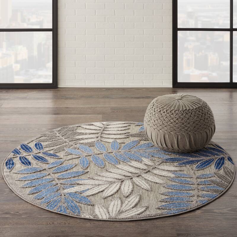 Nourison Aloha Leaf Print Vibrant Indoor/Outdoor Area Rug - 4' Round - Grey/Blue