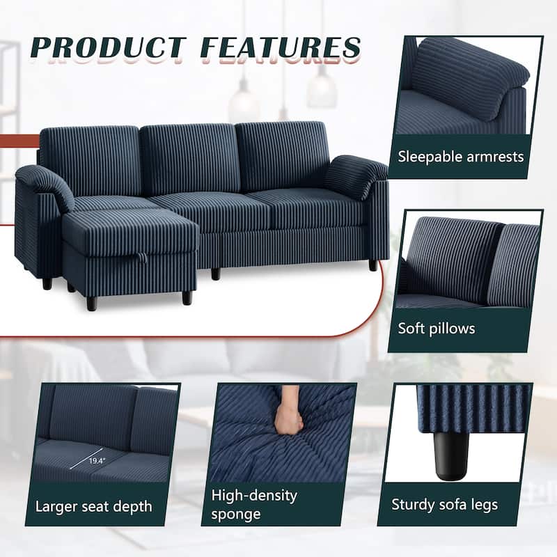 Futzca 79'' Corduroy Sectional Sofa Couch with Removable Pillow