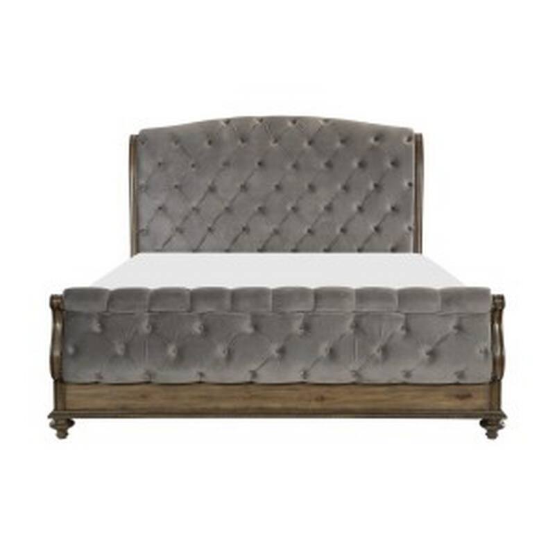 Danya Queen Bed, Sleigh Style, Tufted Rolled Headboard, Nailed Gray Velvet