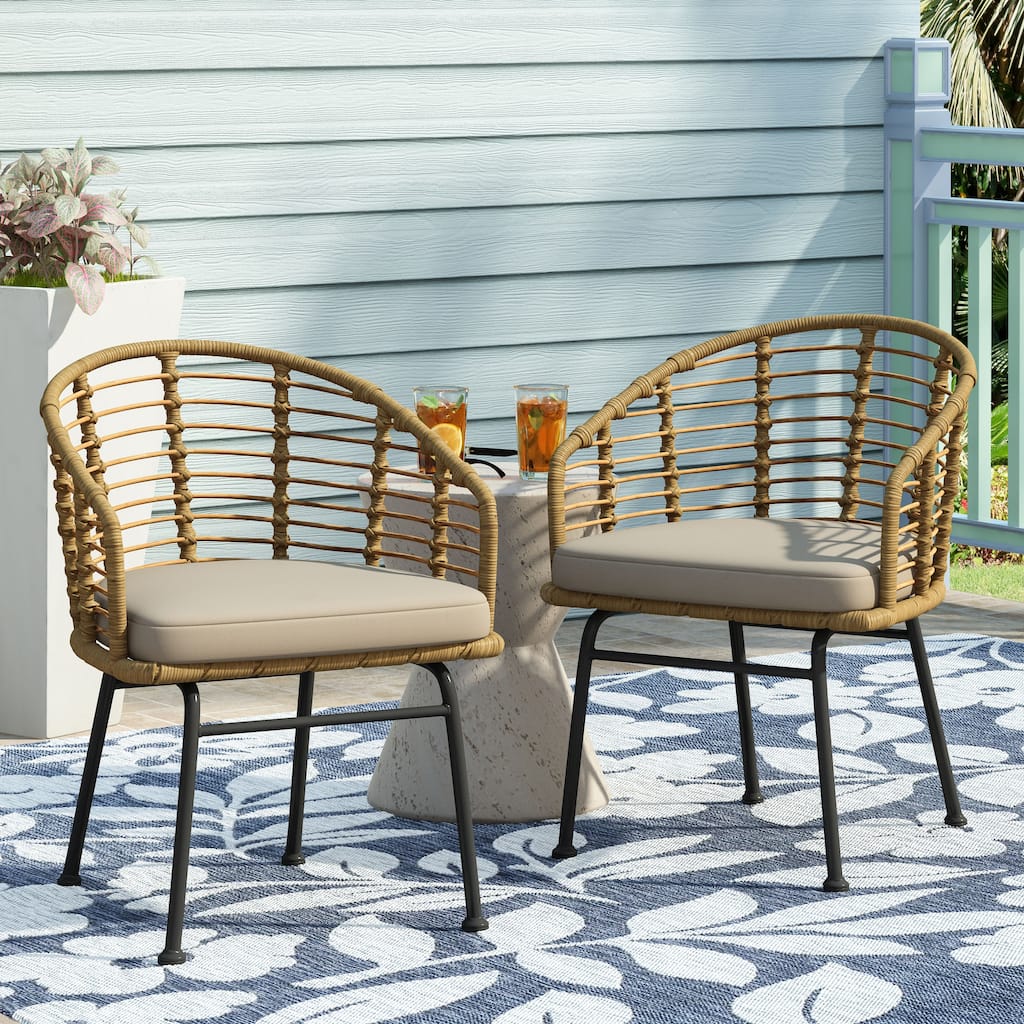 Modern Wicker Patio Chair – Water-Resistant Cushions, Polyethylene Rattan & Angled Legs – 22.25” W – Outdoor Dining