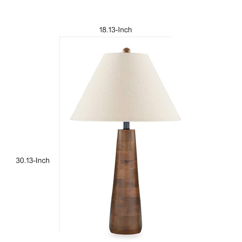30 Inch Table Lamp, White Empire Fabric Shade, Tapered Brown Wood Frame