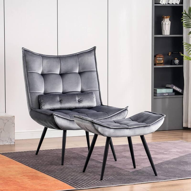 MCombo set of 2 Accent Chair with Ottoman, Velvet Tufted Wingback Chair 4079