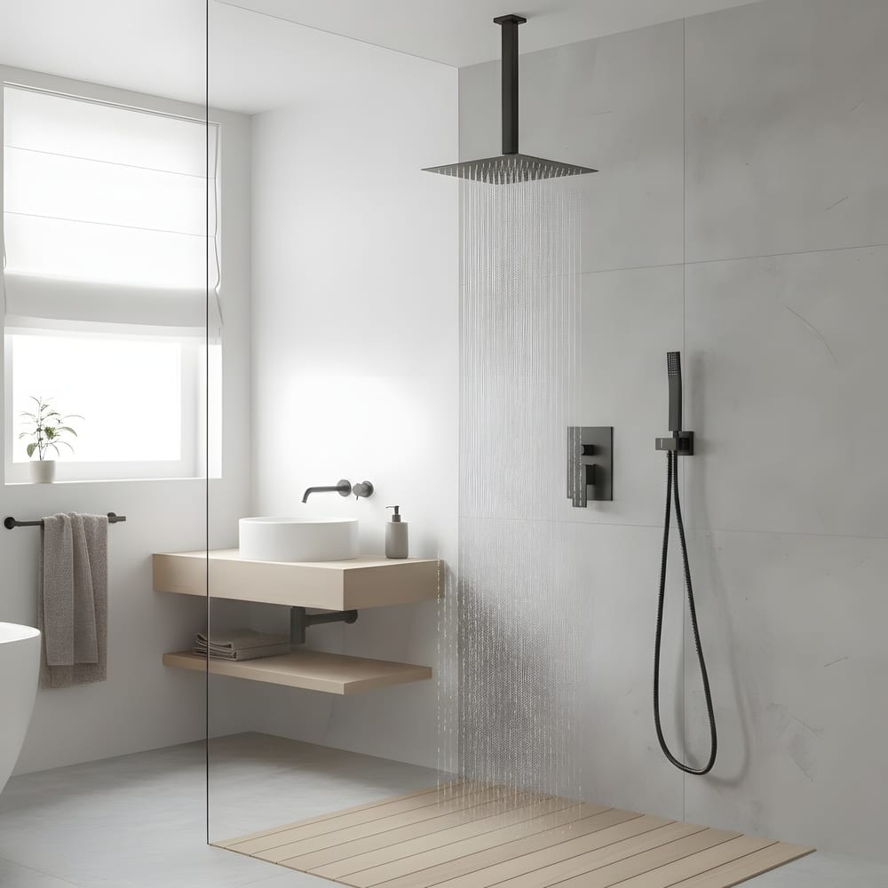 Ceiling-Mounted Square Shower System and Handheld Showerhead Set