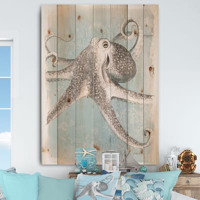 Designart 'Coastal Sea Life II octopus sketches' Nautical & Coastal Print on Natural Pine Wood - Grey