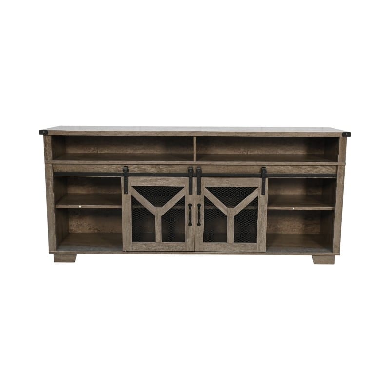 Country Style TV Stand LED TV Stand with Lron Mesh Barn Door and Y Decorative Strip, for Living Rooms, Antique Gray