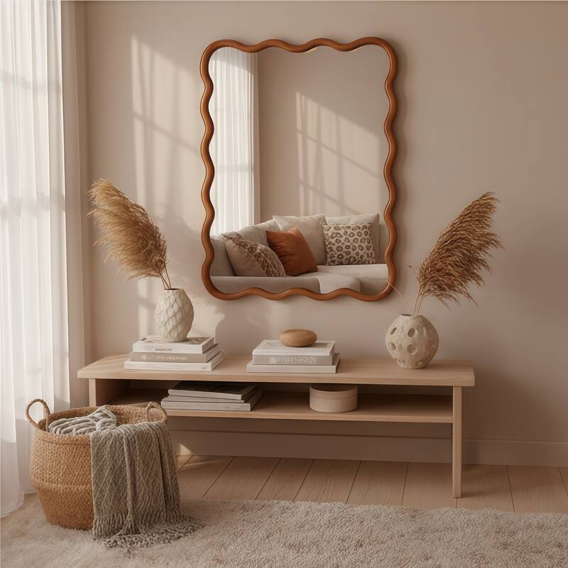 Wavy Rectangle Solid Wood Frame Decorative Mirror - Antique Brown
