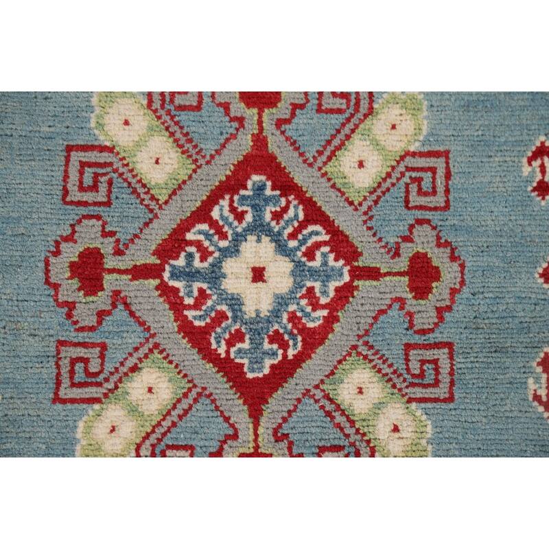 Light Blue Kazak Runner Rug Hallway Hand-Knotted Wool Carpet - 2'10" x 15'2"