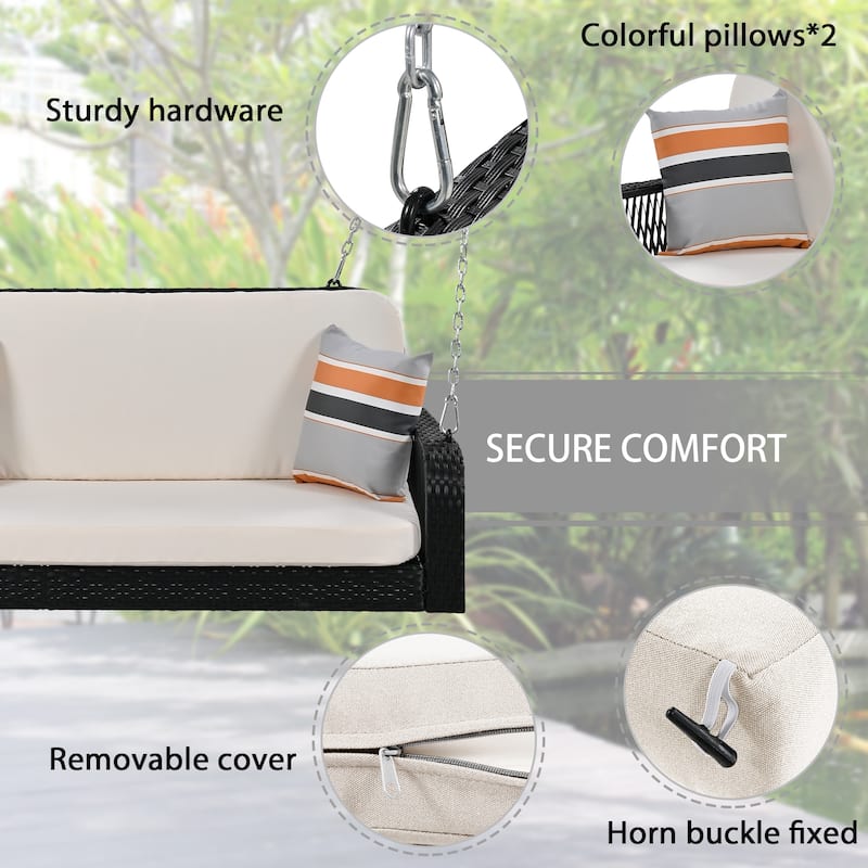 All-Weather PE Wicker Porch Swing with Cushions and Chains, 2-Person Hanging Bench for Backyard, Garden, Patio or Poolside Use