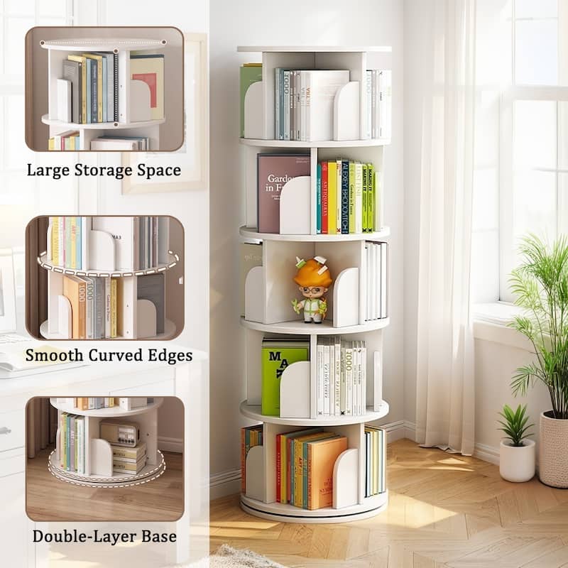 5 Tier Rotating Bookshelf, 360° Display Round Spinning Bookshelf, Space-Saving