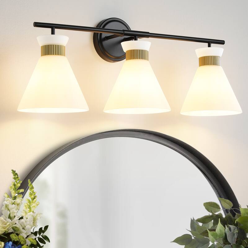 Dimmable Bathroom Vanity Light with Glass Shade - 3-Light - Black+Gold