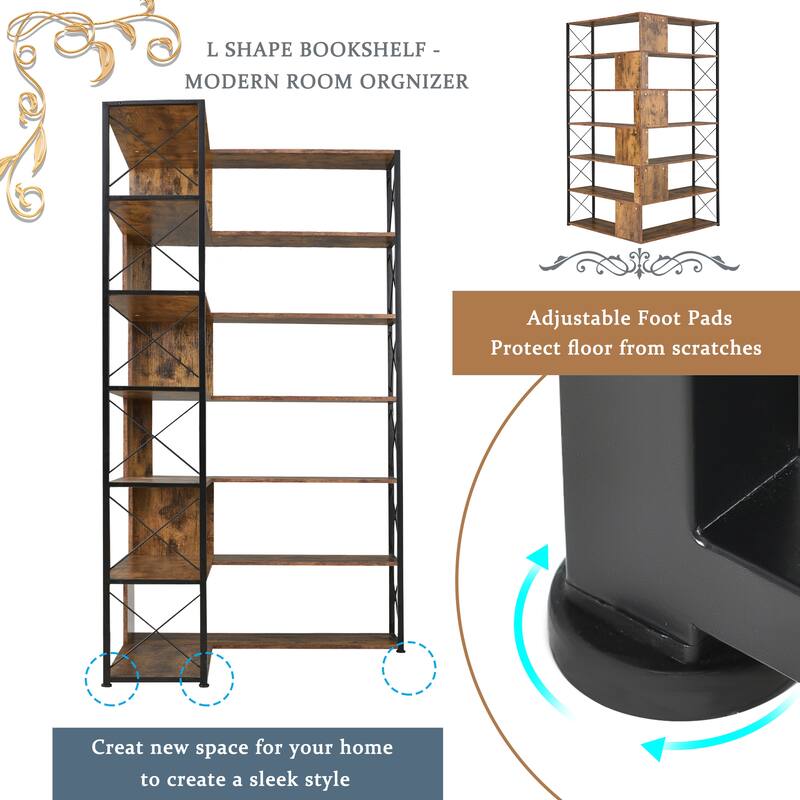 7-Tier Bookcase Home Office Bookshelf, L-Shaped Corner Bookcase with Metal Frame