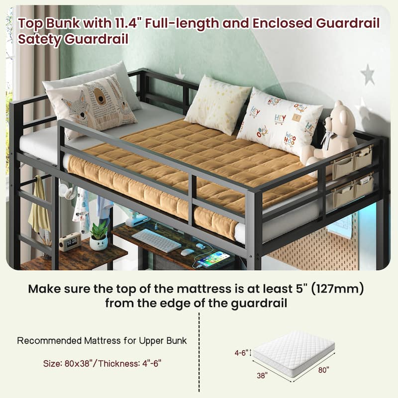 Metal Bunk Bed with Folding Table, 3 Storage Drawers, LED Lights & USB Ports