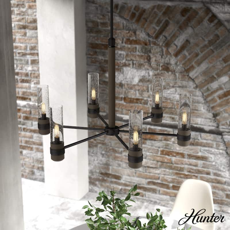 Hunter River Mill Chandelier - Dining Room, Entry - Modern Mountain, Rustic, Round, Industrial - 30" 6 Light - Rustic Iron-French Oak
