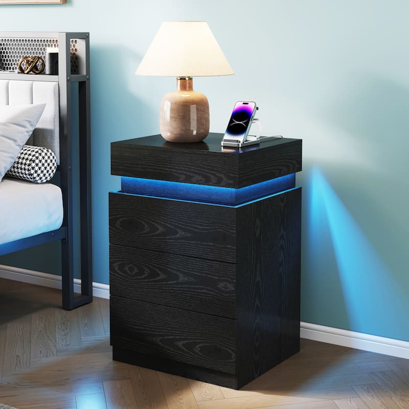 Nightstand with Built-In Charging Station and LED Lighting, 3-Drawer Sliding-Top Modern Bedside Table