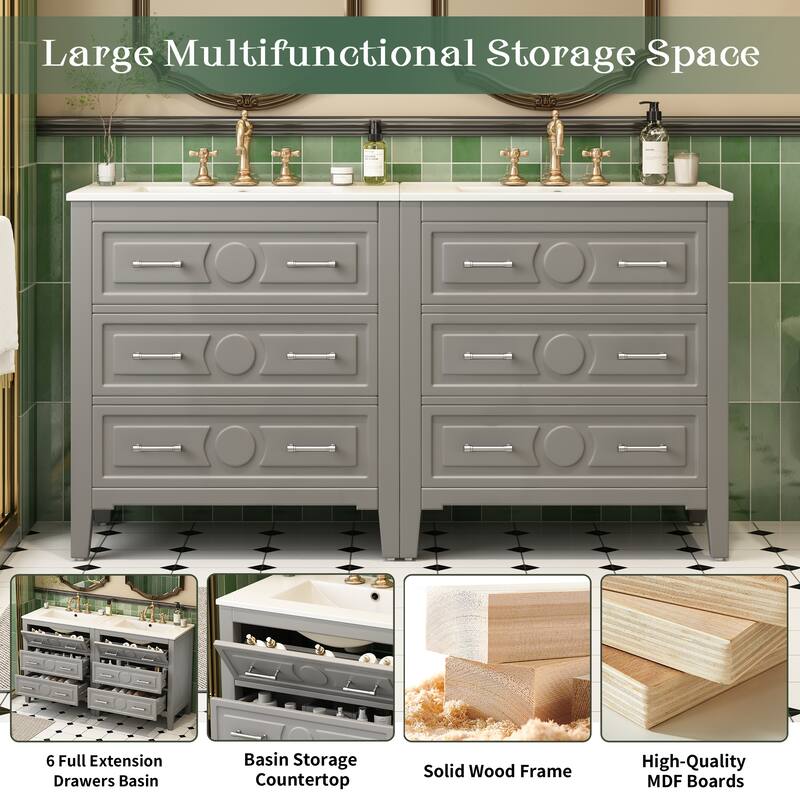 60'' Freestanding Bathroom Vanity Set with White Integrated Ceramic Sink - 60" x 18.3" x 34''