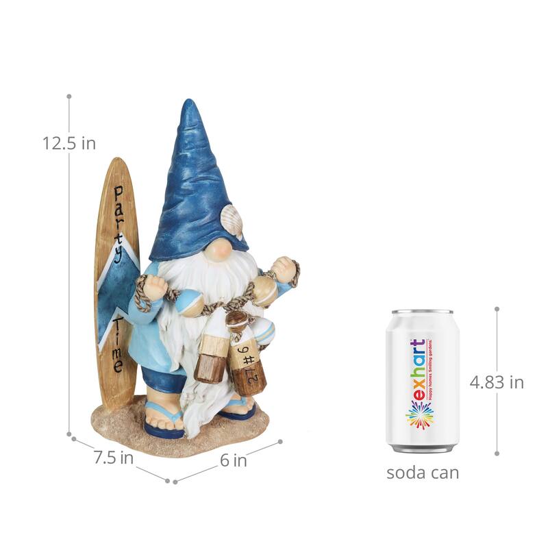 Exhart Solar Surfer Beach Hand Painted Garden Gnome Statue with Party Time Surf Board, 7.5 by 12.5 Inches