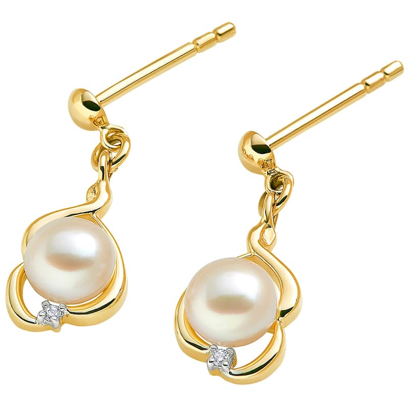 14k Yellow Gold Freshwater Pearl Round Button Shape Drop Earrings