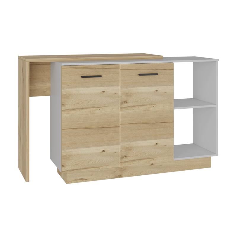 Kitchen Island, Double Door Cabinets, Two External Shelves, Three Shelves - White