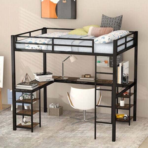 Heavy Duty Metal Loft Bunk Beds Full Size Desk Storage LShaped Desk
