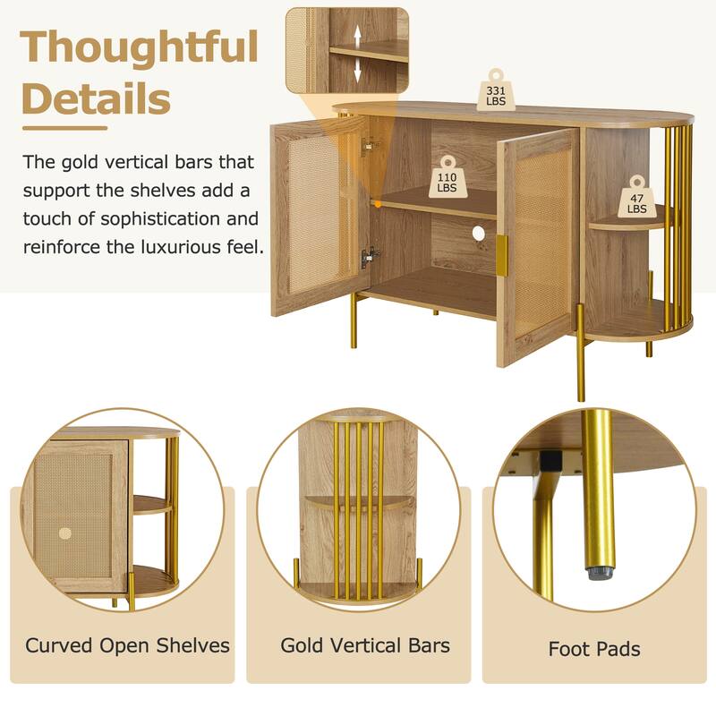 Curved Sideboard Rattan Buffet Storage Cabinet Side Cabinet, Natural