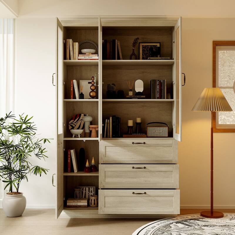 Bookcase Cabinet with Glass Doors and Drawers Multi-Purpose Storage Display Hutch for Living Room or Dining Room
