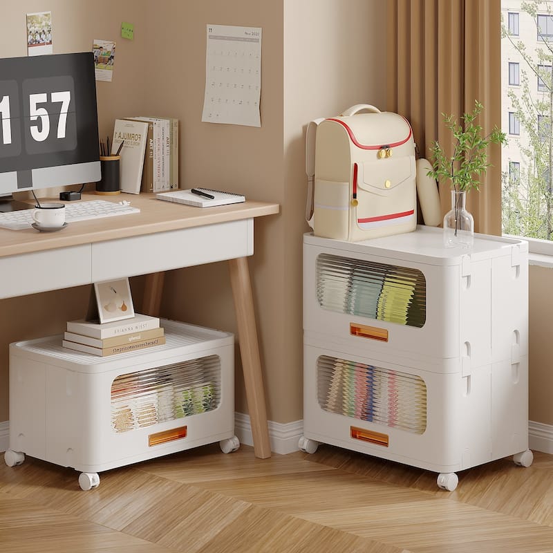 VECELO 1-Tier & 2-Tier White Plastic Rolling Storage Cabinet with Wheels & Transparent Drawers No Tools Assembly for Bedroom