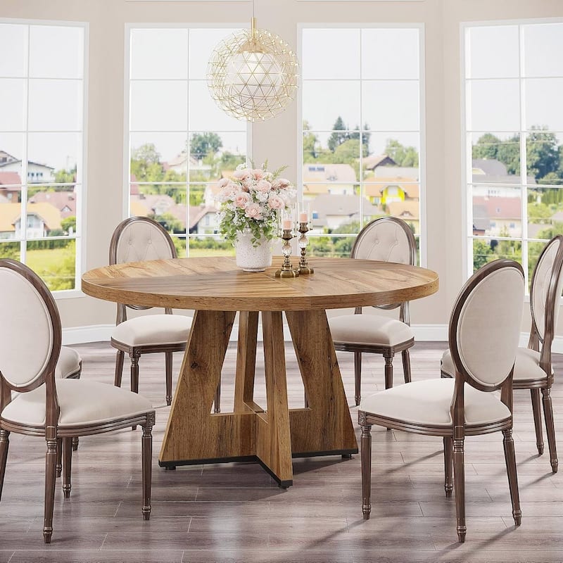 Farmhouse Retro Oak Round 47 Inch Wooden Kitchen Dining Table for 4 People - 47.25"D x 47.25"W x 29.5"H