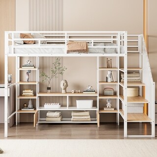 Full Size Metal Loft Bed with Staircase and Storage Shelves