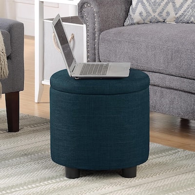 Round Accent Storage Ottoman with Reversible Tray Lid for Serving, Seating and Decorative Living Room Use