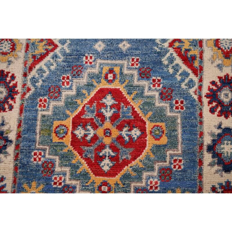 Blue Geometric Kazak Accent Rug Handmade Wool Carpet - 2'0" x 3'2"