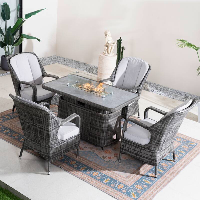 5-Piece Outdoor PE Wicker Aluminum Dining Set with 4 Armchairs and Adjustable Propane Fire Table - Grey