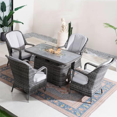 5-Piece Outdoor PE Wicker Aluminum Dining Set with 4 Armchairs and Adjustable Propane Fire Table