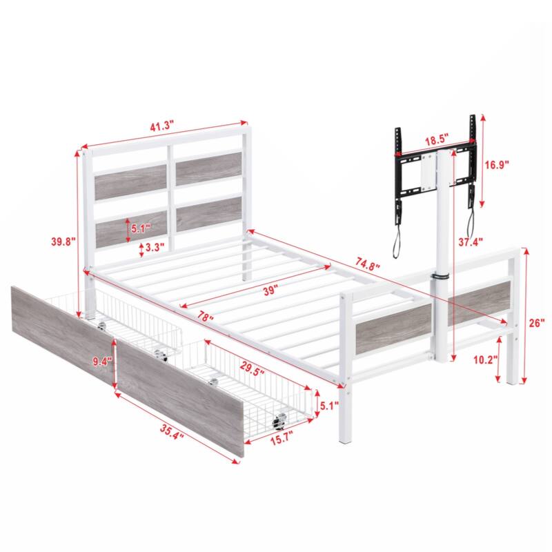 Twin Size Metal Platform Bed with MDF Headboard and Footboard,Two Storage Drawers and Rotatable TV Stand