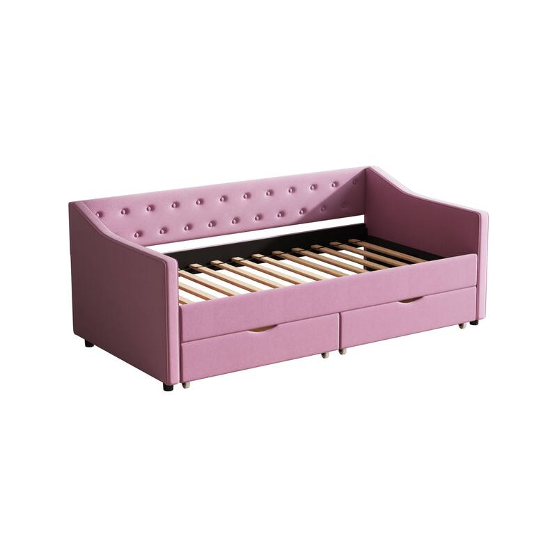 Twin Size Daybed with Drawers Upholstered Tufted Sofa Bed, with Button on Back and Piping on Waved Shape Arms