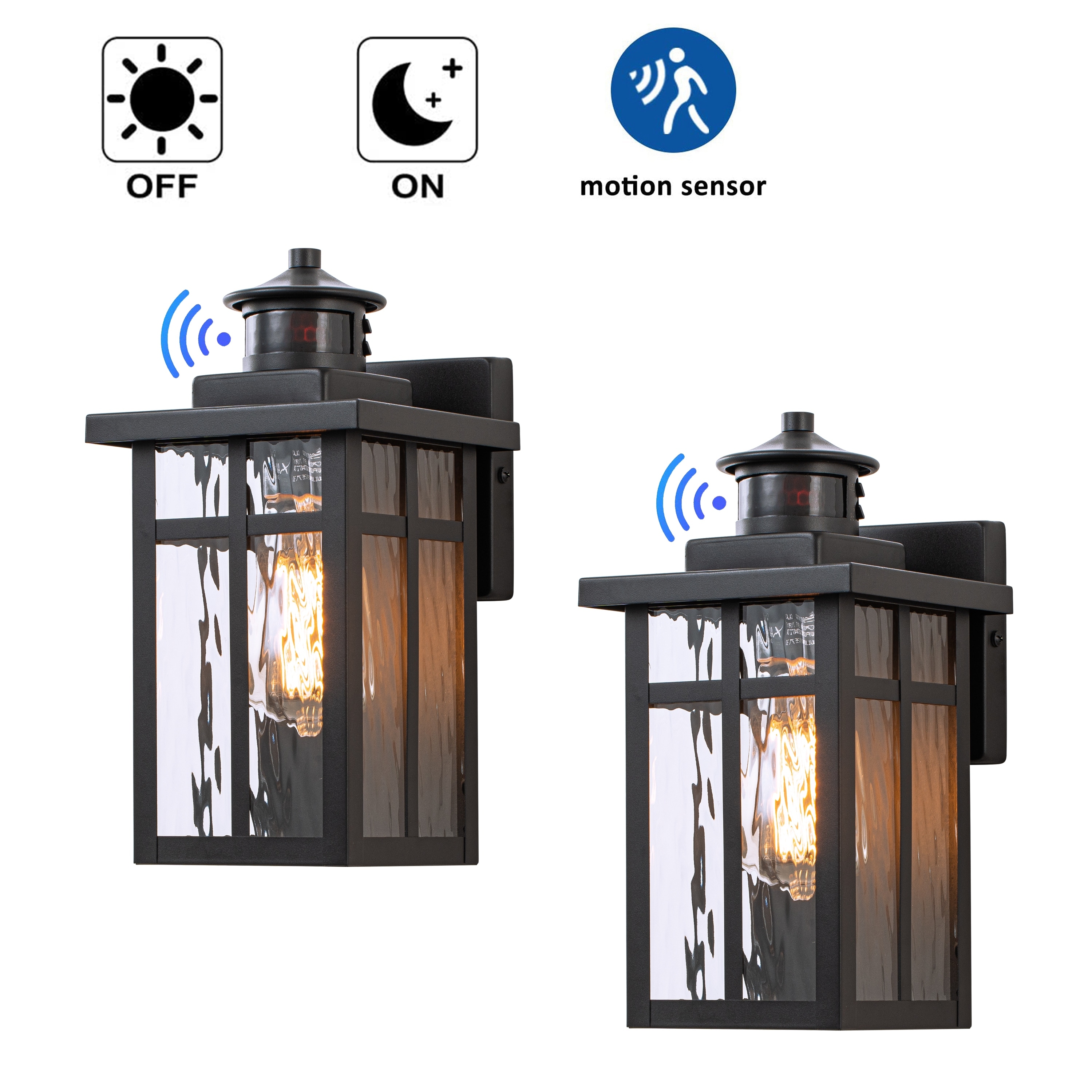 C Cattleya 2-Pack Matte Black Motion Sensor Dusk to Dawn Outdoor Wall Sconce Light With Water Glass