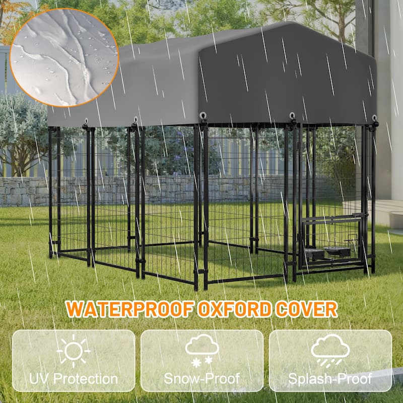 GDFStudio - Large Outdoor Heavy Duty Metal Dog Kennel with Roof, UV-Resistant Waterproof Cover, Double Lock & Rotating Feeder