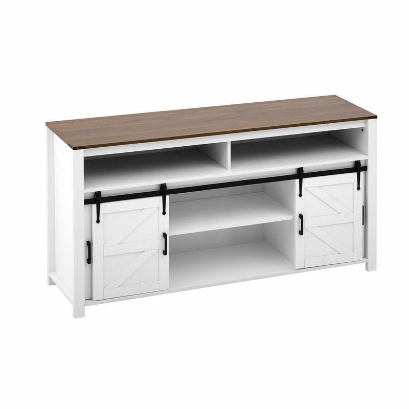 59.3'' Sideboard with Sliding Barn Door and Mesh Panels, Farmhouse Buffet with Open Storage