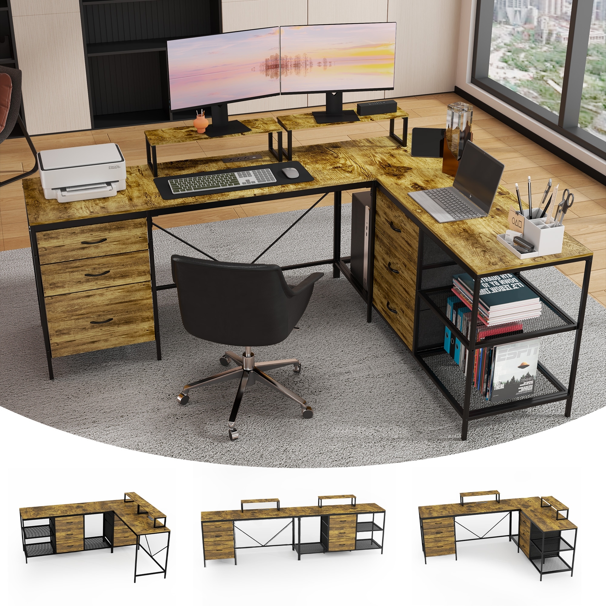 Anmytek Rustic Industrial L Shaped Desk with Power Outlets USB C 6 Fabric Drawers 3 Open Shelves Movable Monitor Stands