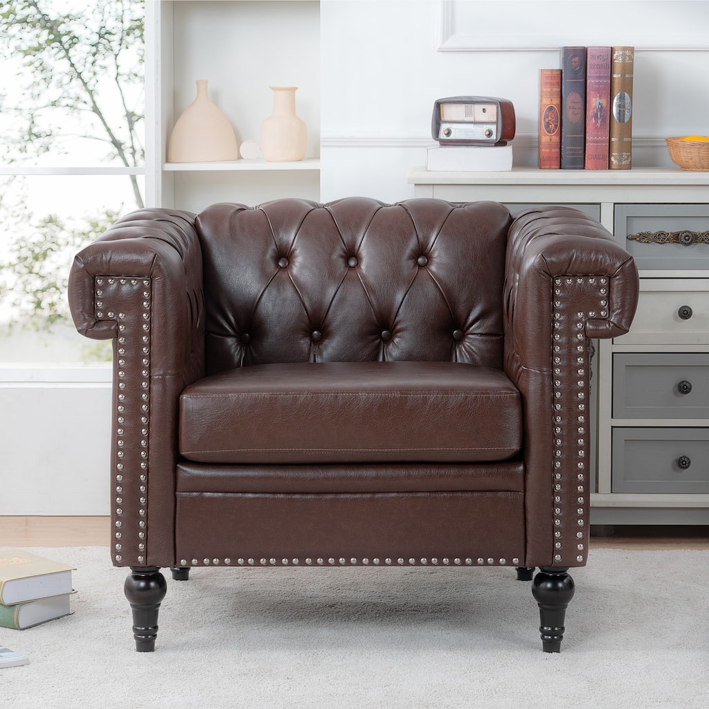 Brown PU Modern 38.98" Upholstered Buttons Tufted Accent Chair with Gourd Shaped Birch Legs and Nailheads